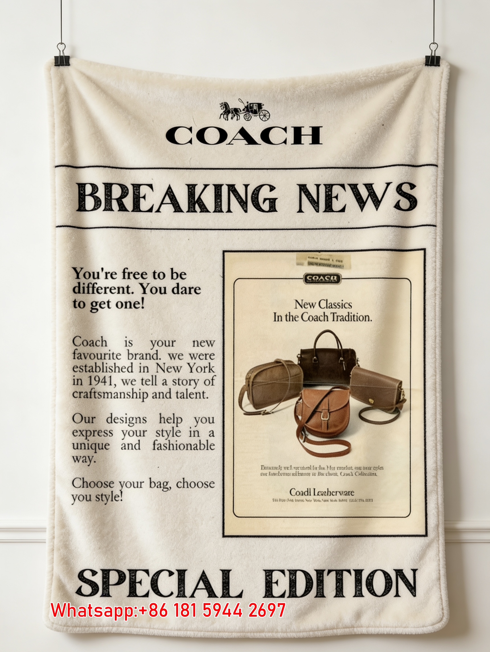 Coach Vintage Breaking News Print Flannel Fleece Throw Blanket C055